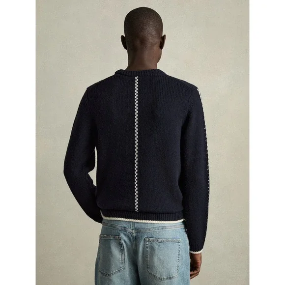 NWOT Reiss Navy Blue White Argyle Knit Wool Blend Pullover Sweater Size Large - Picture 2 of 9